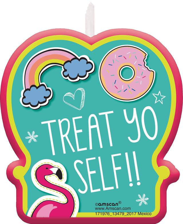 "Treat Yo Self" Wax Candle, Blue/Pink, 3-in, for Birthday Party Front_Flat