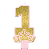 Disney Princess Once Upon A Time "1" Number Glitter Wax Candle, Pink/Gold, 5-in, for Birthday Party Front_Flat