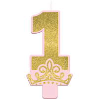 Disney Princess Once Upon A Time "1" Number Glitter Wax Candle, Pink/Gold, 5-in, for Birthday Party Front_Flat