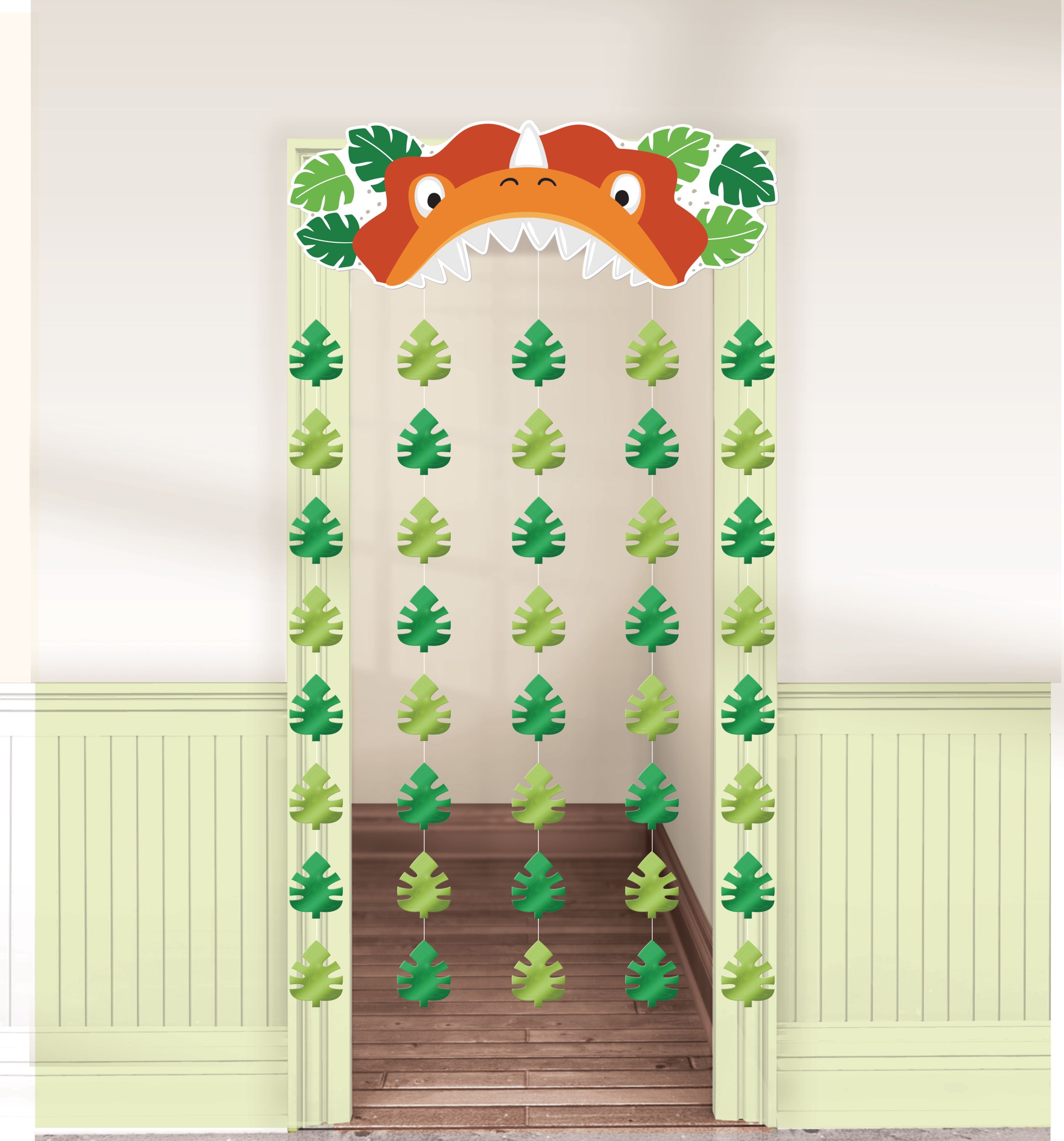 Dino-Mite Dinosaur Hanging Doorway Curtain Decoration, Green, 77-in, for Birthday Party Front_Flat
