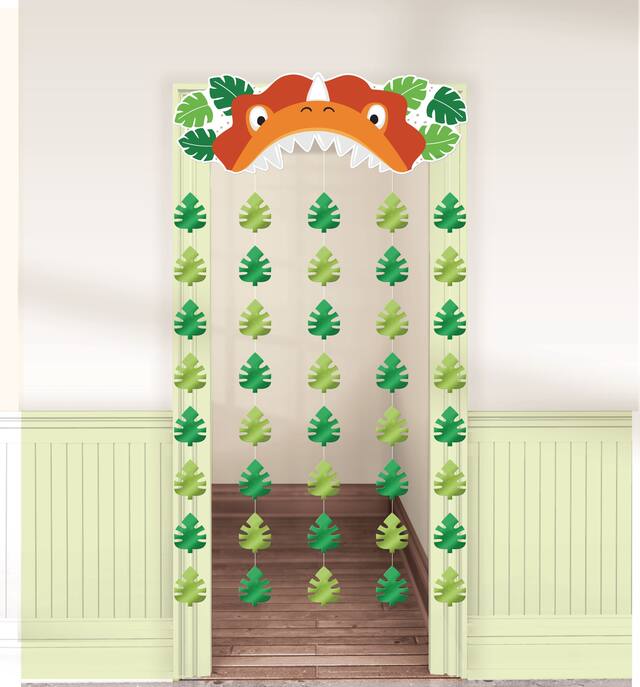 Dino-Mite Dinosaur Hanging Doorway Curtain Decoration, Green, 77-in, for Birthday Party Front_Flat