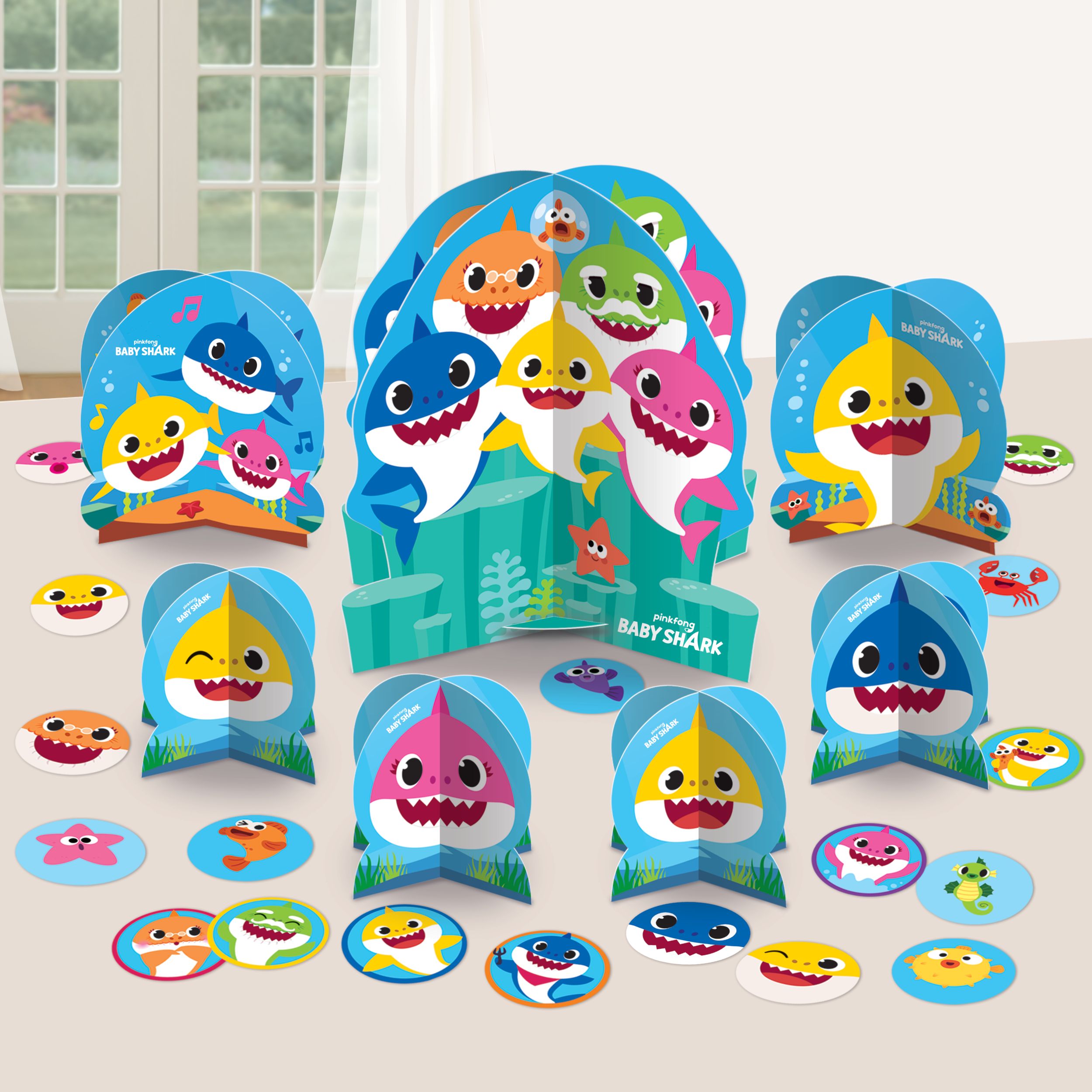 Baby Shark Table Decorating Kit Centerpieces with Confetti, Blue, 12-in, 27-pk, for Birthday Party Composite_or_Mixed