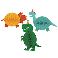 Dino-Mite Dinosaurs Honeycomb Hanging Decorations, Yellow/Green/Blue, 10-in, 3-pk, for Birthday Party