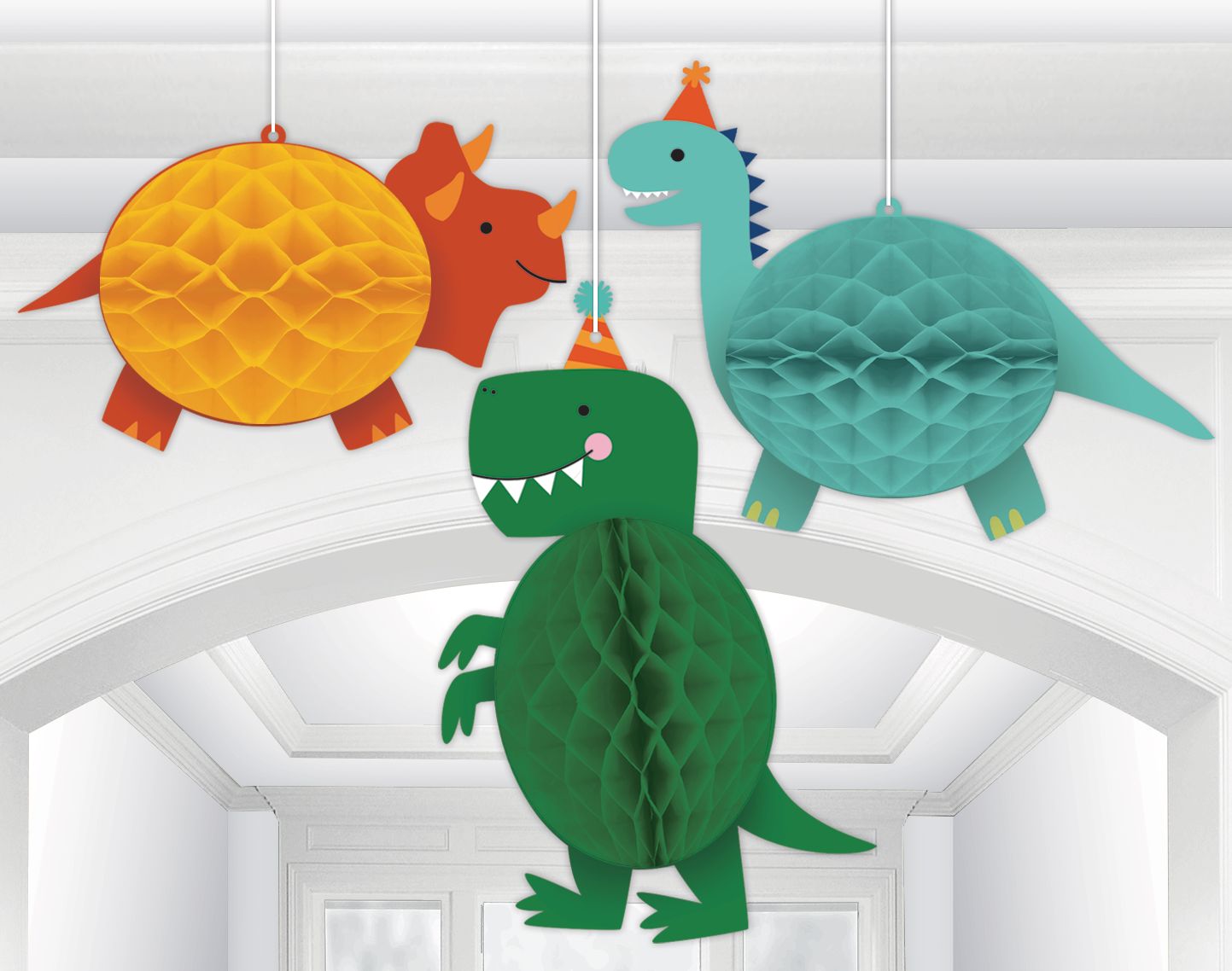 Dino-Mite Dinosaurs Honeycomb Hanging Decorations, Yellow/Green/Blue, 10-in, 3-pk, for Birthday Party Composite_or_Mixed