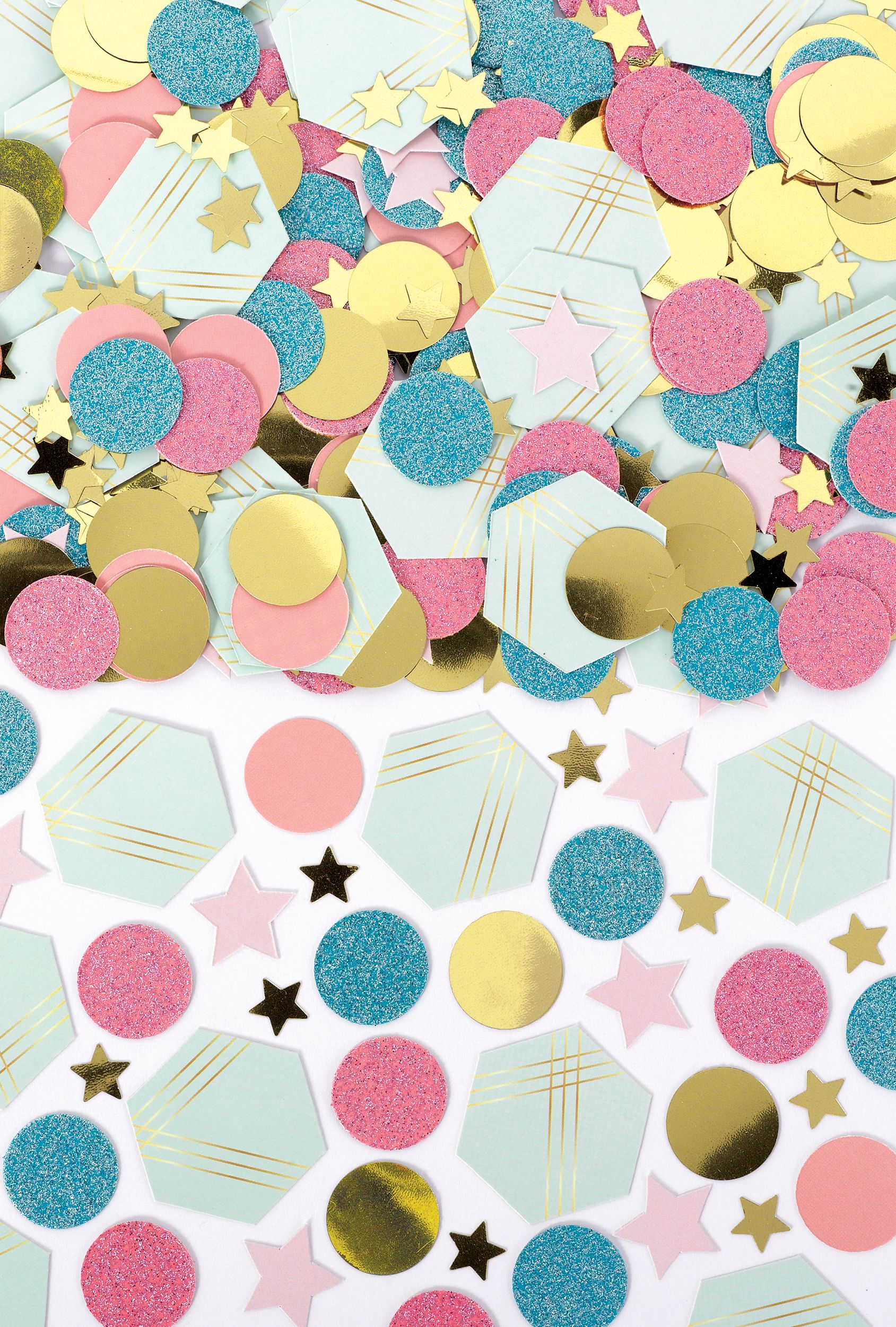 Confettis géométriques bleu, or et rose Overhead_Flat