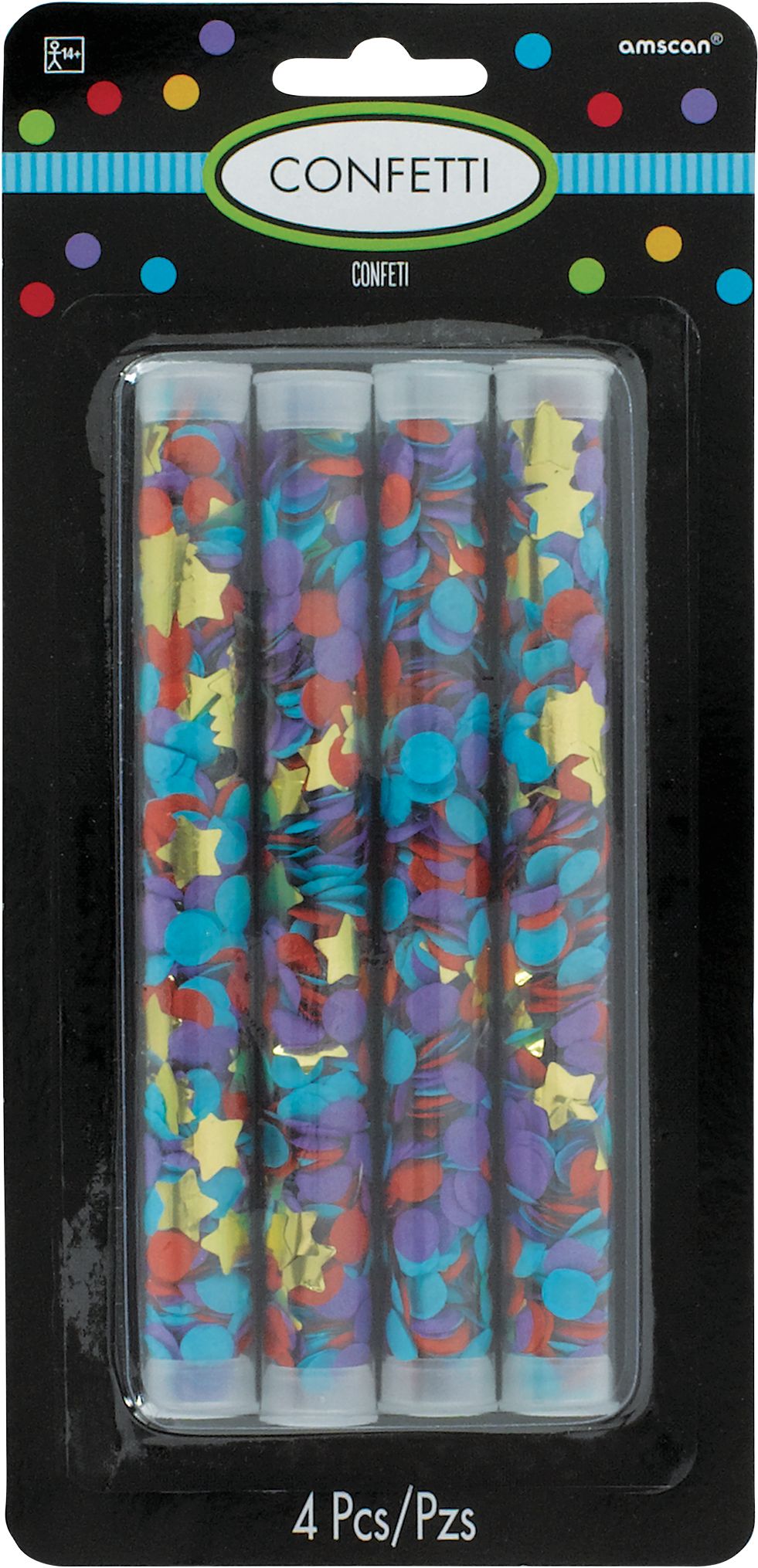 Stars & Circles Confetti Table Scatter Decoration Tubes, Red/Purple/Gold, 4-pk, for New Year's Eve/Graduation Front_Flat