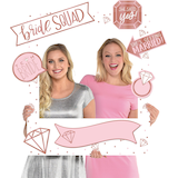 "Bride Squad" DIY Customizable Photo Frame Decoration Kit with Photo Booth Props, Pink/White, 39-in, 14-pk, for Bachelorette Party Front_Flat
