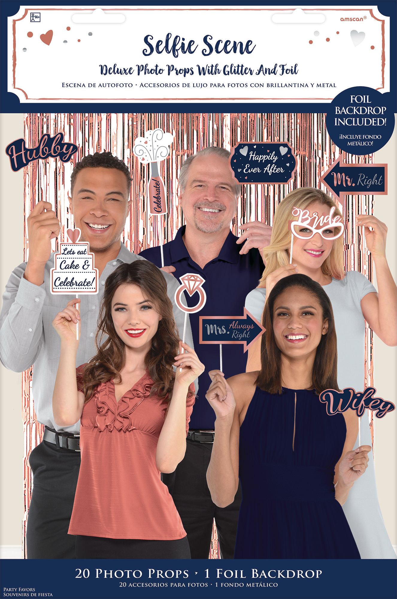 Navy Love "Happily Ever Ever" Plastic Scene Setter Background Decoration with Photo Booth Props, Blue, 8-in, 21-pk, for Anniversary/Wedding/Engagement Front_Flat