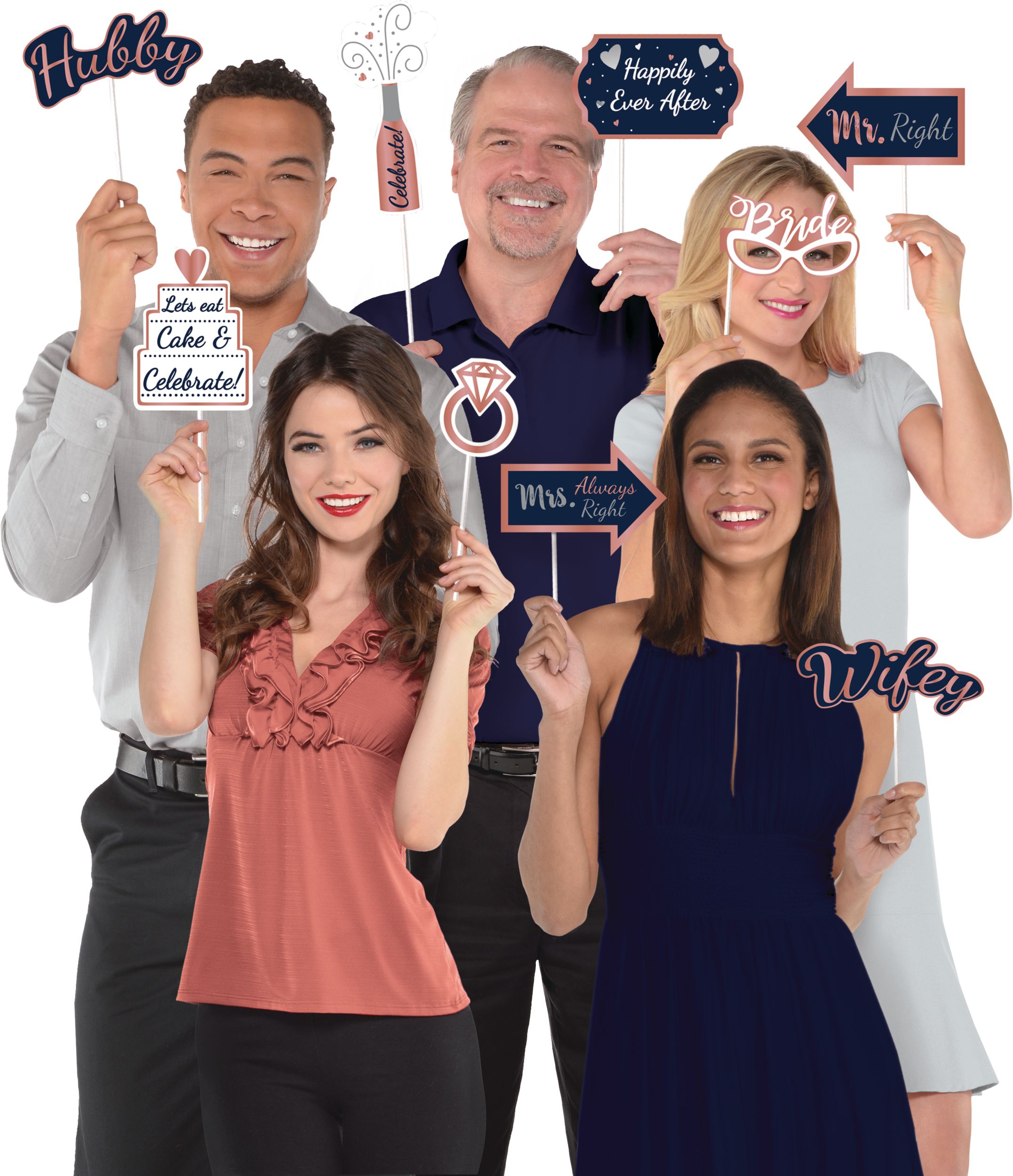 Navy Love "Happily Ever Ever" Plastic Scene Setter Background Decoration with Photo Booth Props, Blue, 8-in, 21-pk, for Anniversary/Wedding/Engagement Front_Flat