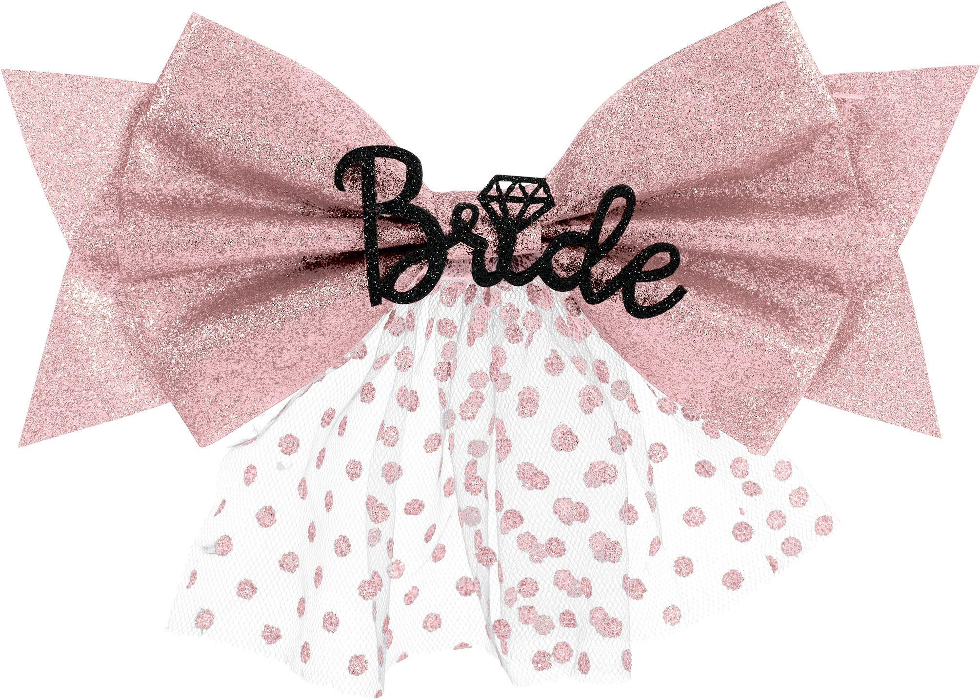 "Bride" Glitter Bridal Clip-On Bow, White/Pink Polka Dots, One Size, Wearable Accessory for Wedding Shower/Bachelorette Party Front_Flat