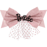 "Bride" Glitter Bridal Clip-On Bow, White/Pink Polka Dots, One Size, Wearable Accessory for Wedding Shower/Bachelorette Party Front_Flat