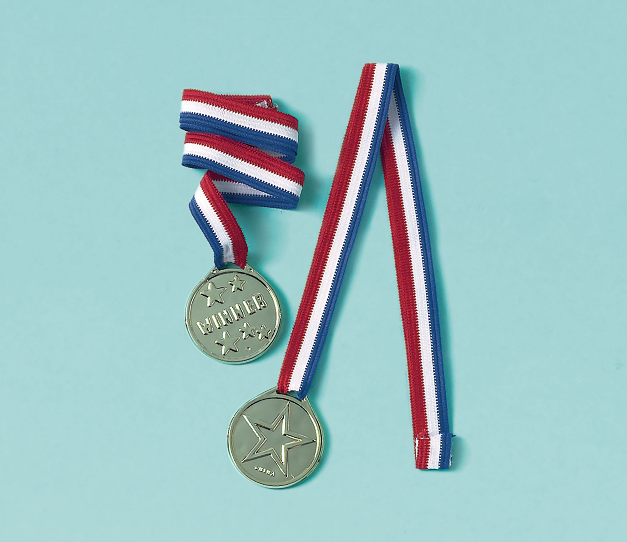 "Winner" Award Medals, Gold/Red/Blue, 24-in, 8-pk, Wearable Accessories for Sports Overhead_Flat