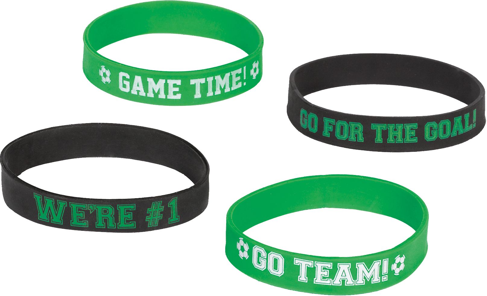 "Game Time" Soccer Rubber Bracelet Wristbands, Green/Black, One Size, 8-pk, Wearable Favours  for Sports Front_Elevated