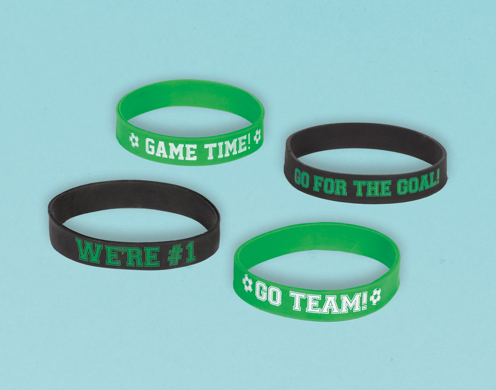 "Game Time" Soccer Rubber Bracelet Wristbands, Green/Black, One Size, 8-pk, Wearable Favours  for Sports Front_Elevated