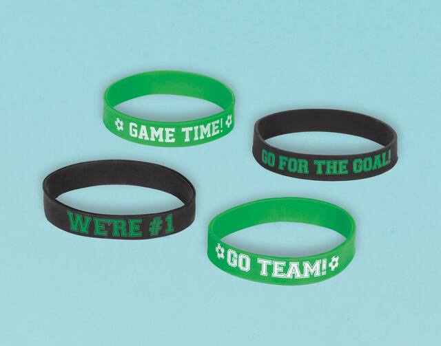 "Game Time" Soccer Rubber Bracelet Wristbands, Green/Black, One Size, 8-pk, Wearable Favours  for Sports Front_Elevated