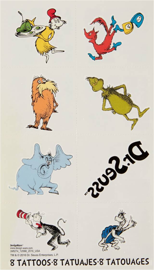 Dr Seuss Easy to Apply Tattoos for Birthday Party Favours, 1-Sheet Front_Flat
