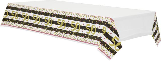 50th Birthday Table Cover, Pink/Gold Front_Angled_Left