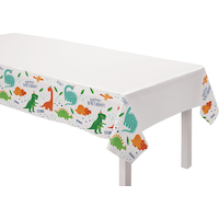 Dino-Mite "Happy Birthday" Rectangle Plastic Reusable Table Cover, Green/Orange/White, 54x96-in, for Birthday Party