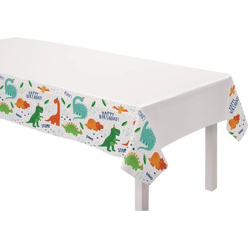 Dino-Mite "Happy Birthday" Rectangle Plastic Reusable Table Cover, Green/Orange/White, 54x96-in, for Birthday Party