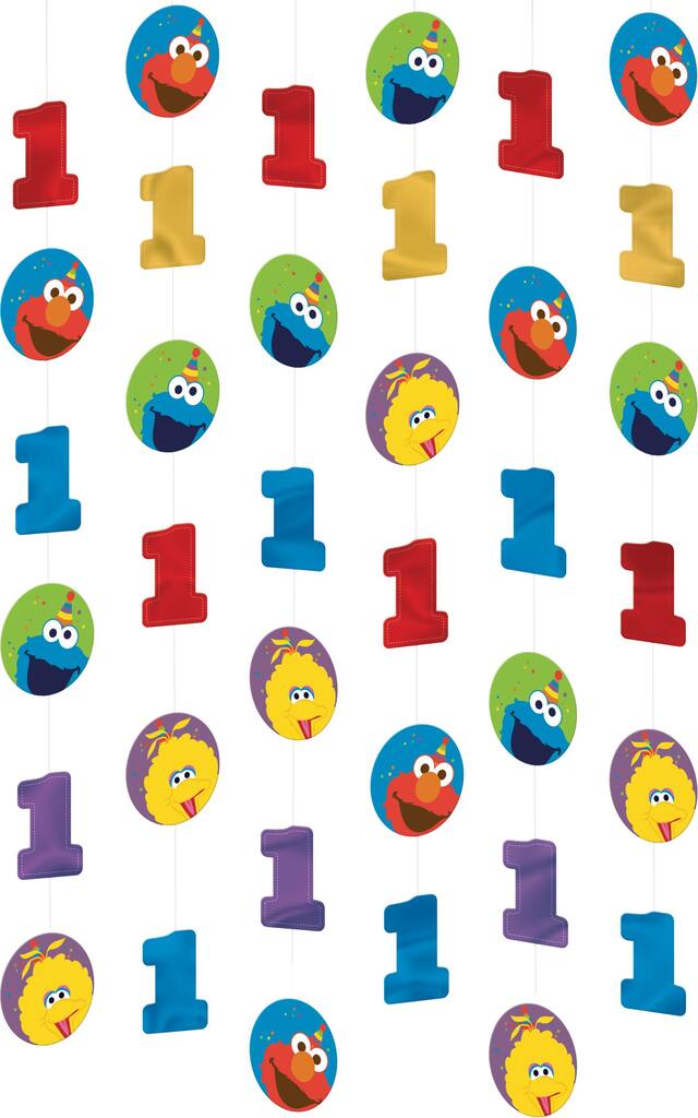 Sesame Street "1" Elmo/Cookie Monster/Big Bird String Hanging Decorations, Blue/Red, 7-ft, 6-pk, for Birthday Party Front_Flat