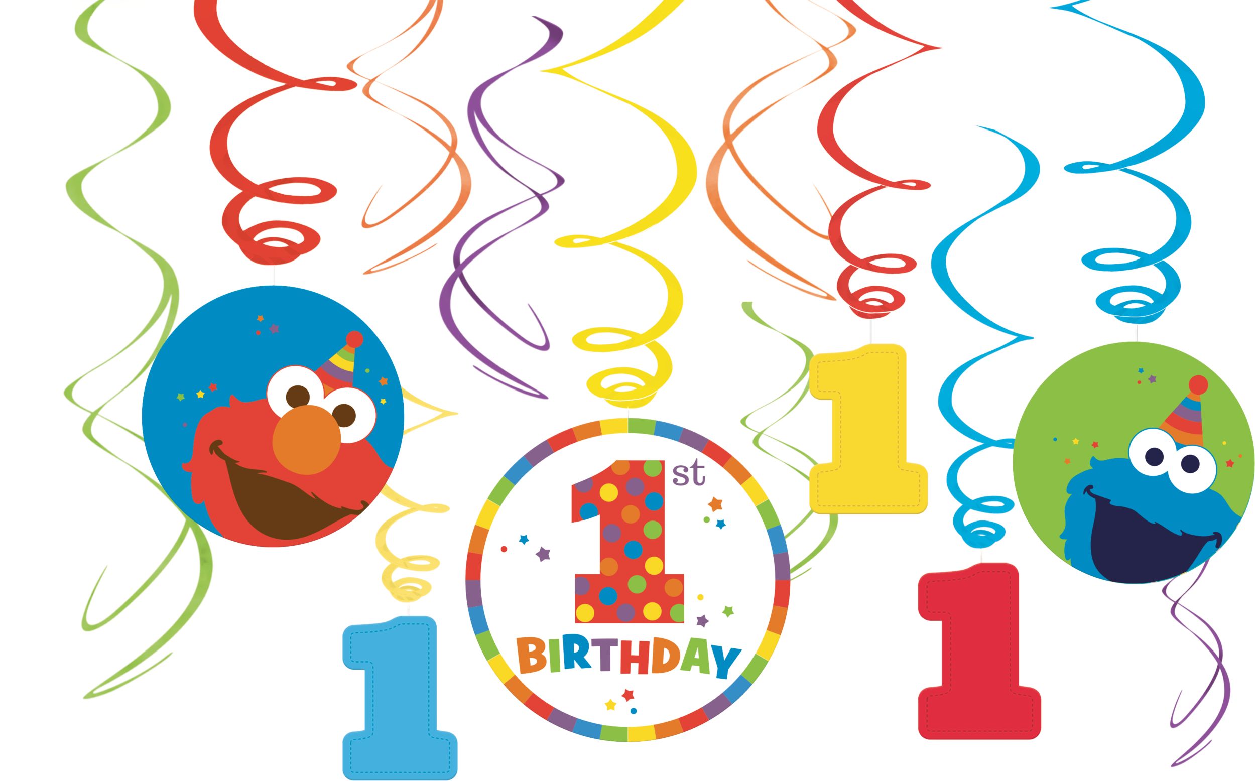 Sesame Street "1st Birthday" Elmo & Cookie Monster Swirl Hanging Decorations, Red/Blue/Yellow, 10-in, 12-pk, for Birthday Party Front_Flat