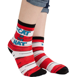 Adult Dr. Seuss "The Cat in the Hat" Crew Socks, Red/Blue/White One Size, Wearable Accessory for Birthdays Front_Three_Fourths_Angled_Right