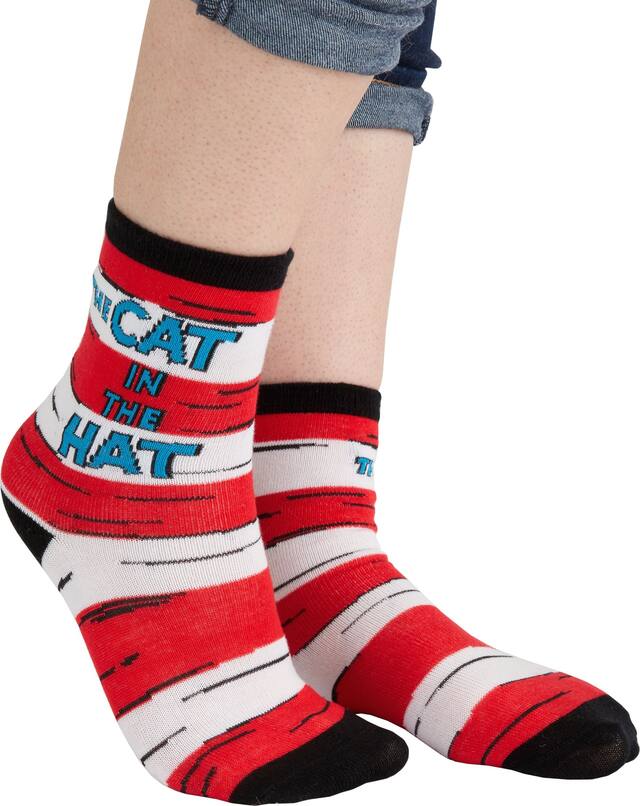 Adult Dr. Seuss "The Cat in the Hat" Crew Socks, Red/Blue/White One Size, Wearable Accessory for Birthdays Front_Three_Fourths_Angled_Right