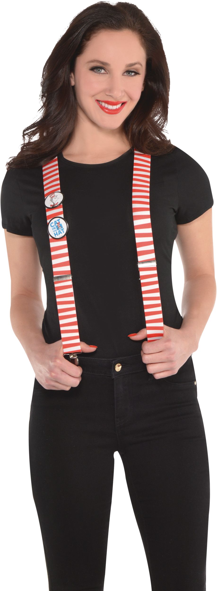 Dr. Seuss Cat in the Hat Suspenders, Red & White Stripes, Adult, One Size Front_Flat