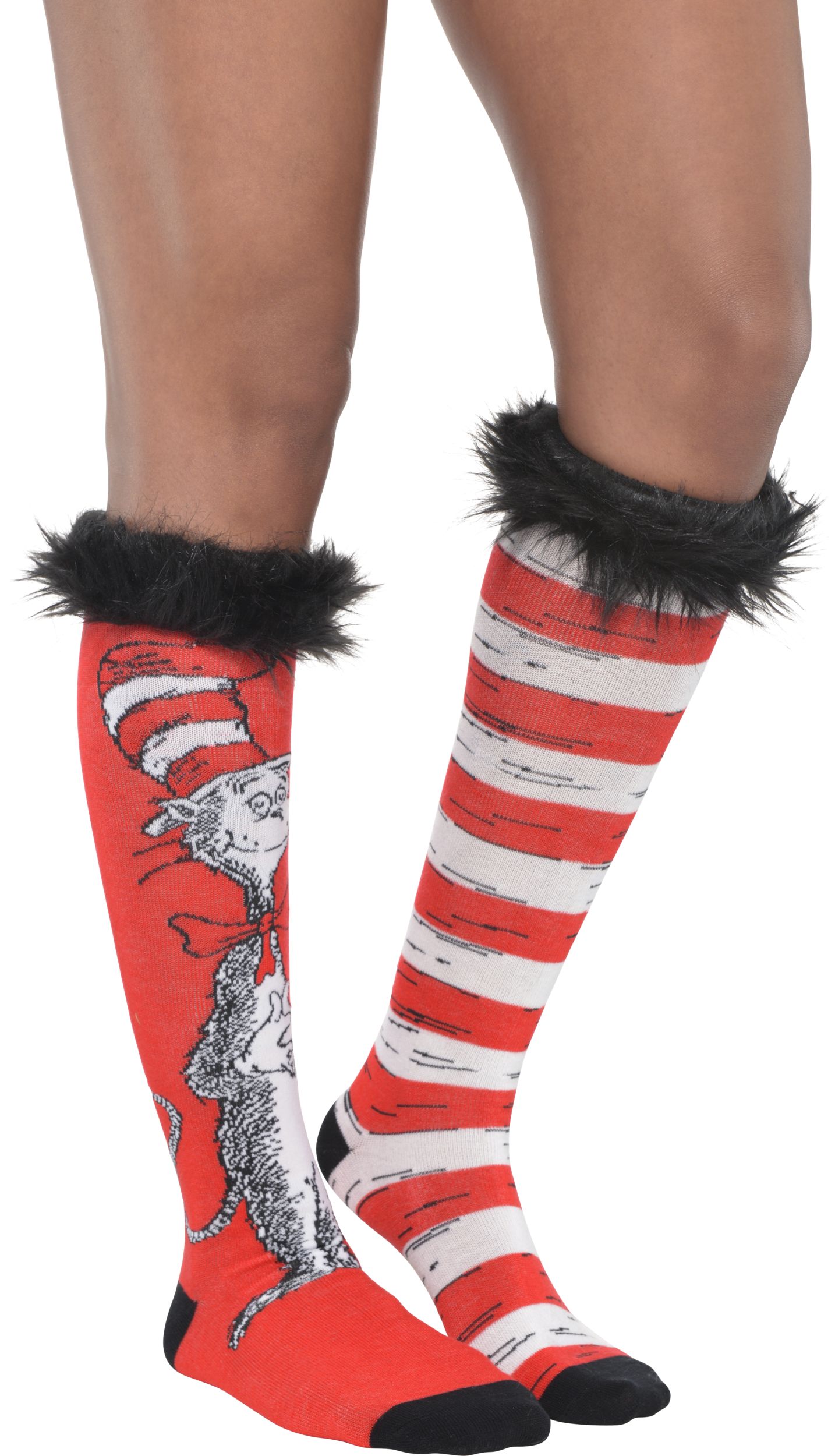 Adult Dr. Seuss Mismatched Cat in the Hat Knee Socks Front_Angled_Right