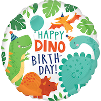 Dino-Mite "Happy Dino Birthday" Round Satin Foil Balloon, Green, Dinosaurs, 18-in, Helium Inflation & Ribbon Included for Birthday Party