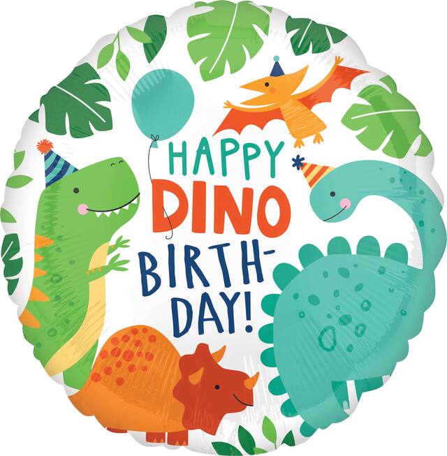 Dino-Mite "Happy Dino Birthday" Round Satin Foil Balloon, Green, Dinosaurs, 18-in, Helium Inflation & Ribbon Included for Birthday Party Front_Flat