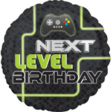 Ballon en aluminium satiné rond Level Up Next Level Birthday, noir, manette de jeu, 18 po, gonflement à l'hélium et ruban inclus, pour fête d'anniversaire Front_Flat