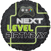 Level Up "Next Level Birthday" Round Satin Foil Balloon, Black, Game Controller, 18-in, Helium Inflation & Ribbon Included for Birthday Party Front_Flat