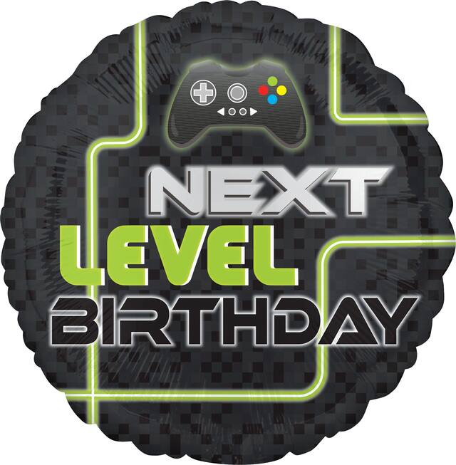 Level Up "Next Level Birthday" Round Satin Foil Balloon, Black, Game Controller, 18-in, Helium Inflation & Ribbon Included for Birthday Party Front_Flat