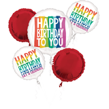 "Happy Birthday to You" Round Satin Foil Balloon Bouquet, Red/White, Rainbow, 5-pk, Helium Inflation & Ribbon Included for Birthday Party Front_Flat