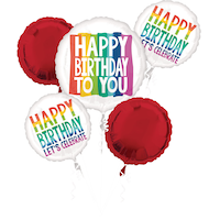 "Happy Birthday to You" Round Satin Foil Balloon Bouquet, Red/White, Rainbow, 5-pk, Helium Inflation & Ribbon Included for Birthday Party Front_Flat