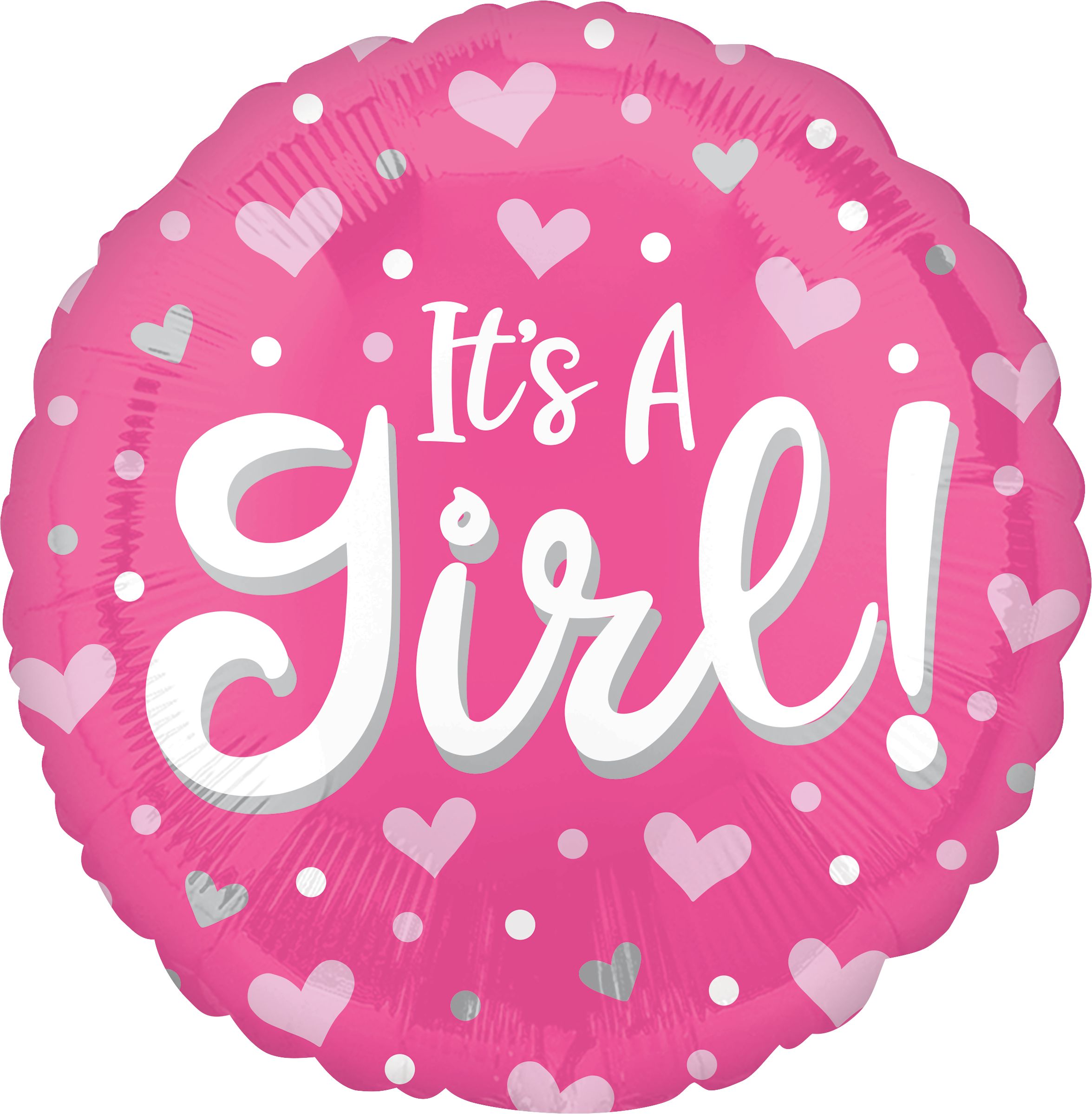 "It's a Girl" Round Satin Foil Balloon, Pink, Heart, 18-in, Helium Inflation & Ribbon Included for Baby Shower Front_Flat