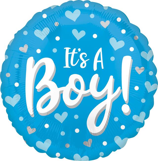 "It's a Boy" Round Satin Foil Balloon, Blue, Heart, 18-in, Helium Inflation & Ribbon Included for Baby Shower Front_Flat