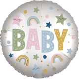 "Baby" Round Satin Foil Balloon, Multi-Coloured, 18-in, Helium Inflation & Ribbon Included for Baby Shower Front_Flat