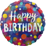 "Happy Birthday" Round Satin Foil Balloon, Multi-Coloured, Polka Dot, 18-in, Helium Inflation & Ribbon Included for Birthday Party Front_Flat