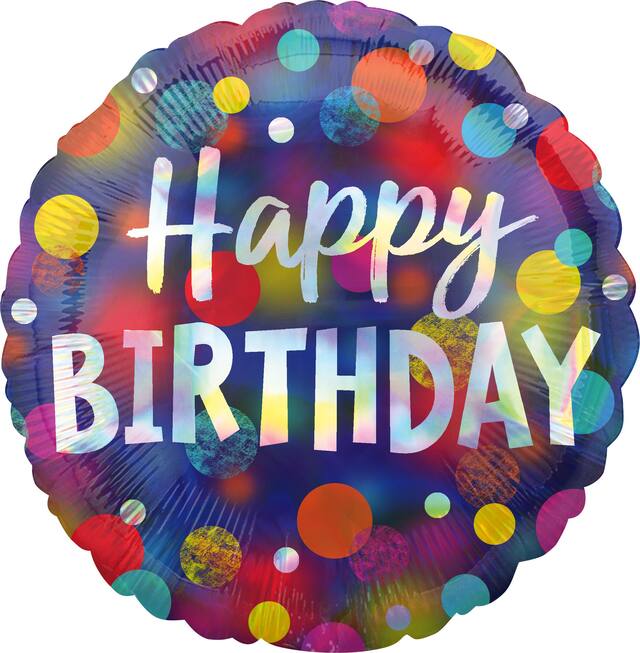 Ballon en aluminium satiné rond Happy Birthday, multicolore, à pois, 18 po, ruban et gonflage hélium compris, pour fête d'anniversaire Front_Flat