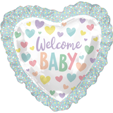 "Welcome Baby" Heart Ruffle Satin Foil Balloon, White/Multi-Coloured, Polka Dot, 28-in, Helium Inflation & Ribbon Included for Baby Shower Front_Flat