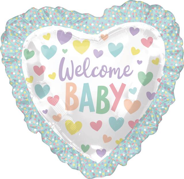 "Welcome Baby" Heart Ruffle Satin Foil Balloon, White/Multi-Coloured, Polka Dot, 28-in, Helium Inflation & Ribbon Included for Baby Shower Front_Flat