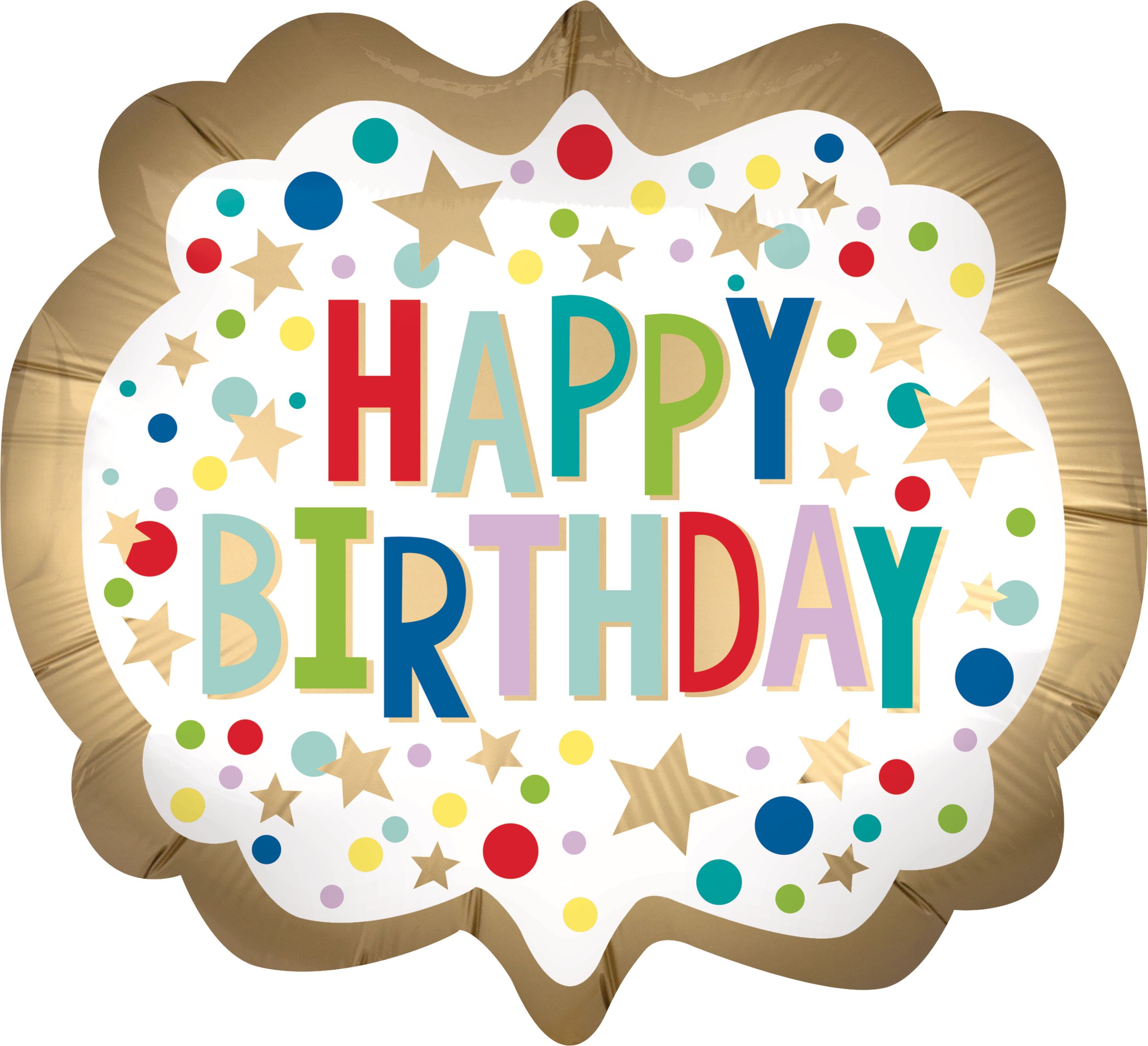 "Happy Birthday" Round Satin Foil Balloon, White/Gold, Polka Dot, 25-in, Helium Inflation & Ribbon Included for Birthday Party Front_Flat