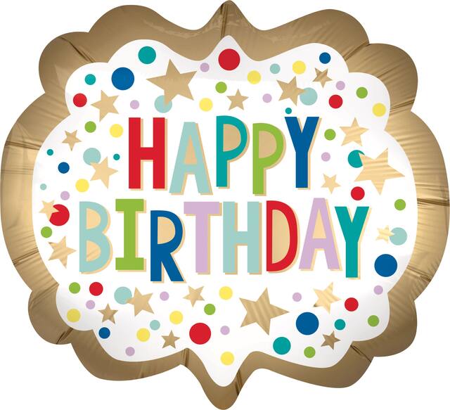 "Happy Birthday" Round Satin Foil Balloon, White/Gold, Polka Dot, 25-in, Helium Inflation & Ribbon Included for Birthday Party Front_Flat