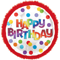 Ballon en aluminium satiné rond bordure boa Happy Birthday, multicolore, à pois, 32 po, gonflement à l'hélium et ruban inclus, pour fête d'anniversaire Front_Flat
