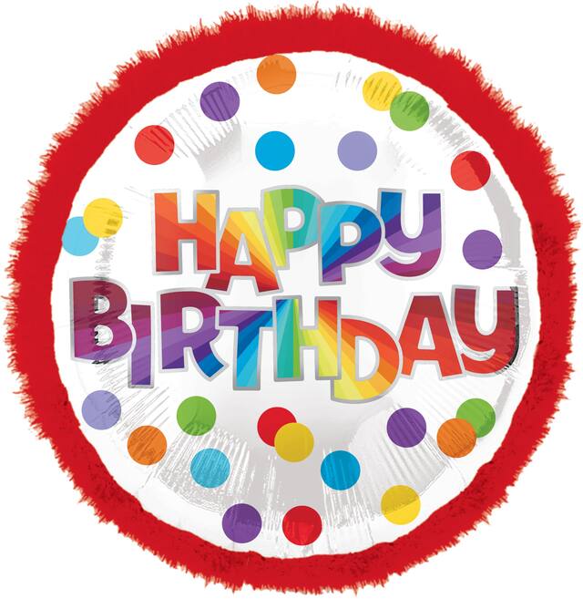 "Happy Birthday" Round Boa Trim Satin Foil Balloon, Multi-Coloured, Polka Dot, 32-in, Helium Inflation & Ribbon Included for Birthday Party Front_Flat