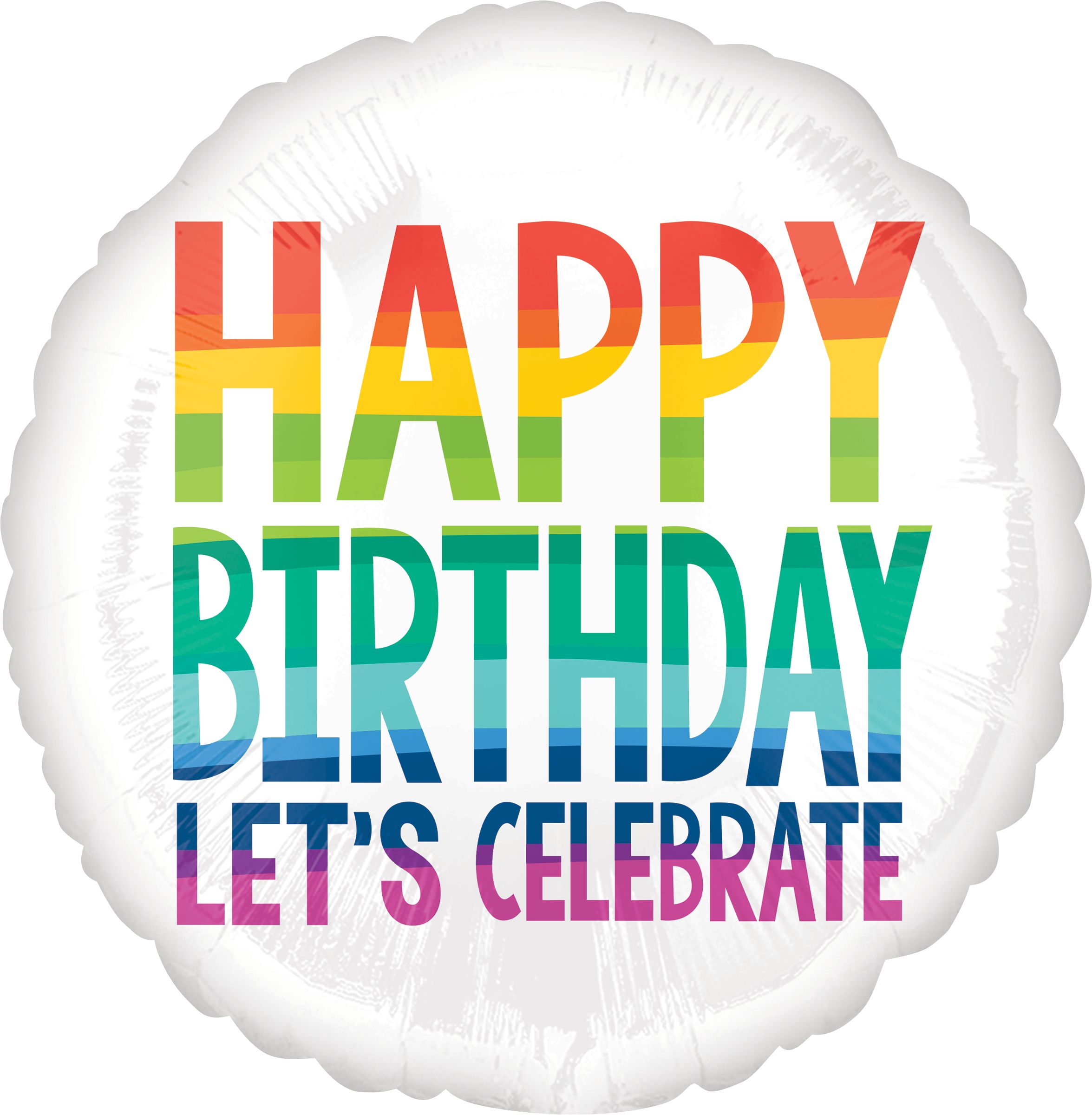 Ballon en aluminium satiné rond Happy Birthday Let's Celebrate, blanc/multicolore, 18 po, gonflement à l'hélium et ruban inclus, pour fête d'anniversaire Front_Flat