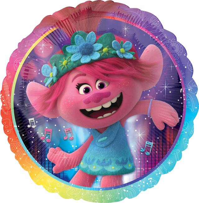 Trolls Poppy Round Satin Foil Balloon, Multi-Coloured, 18-in, Helium Inflation & Ribbon Included for Birthday Party Front_Flat