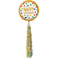 Happy Birthday Dots Balloon with Fringe Tail, 32-in Front_Flat